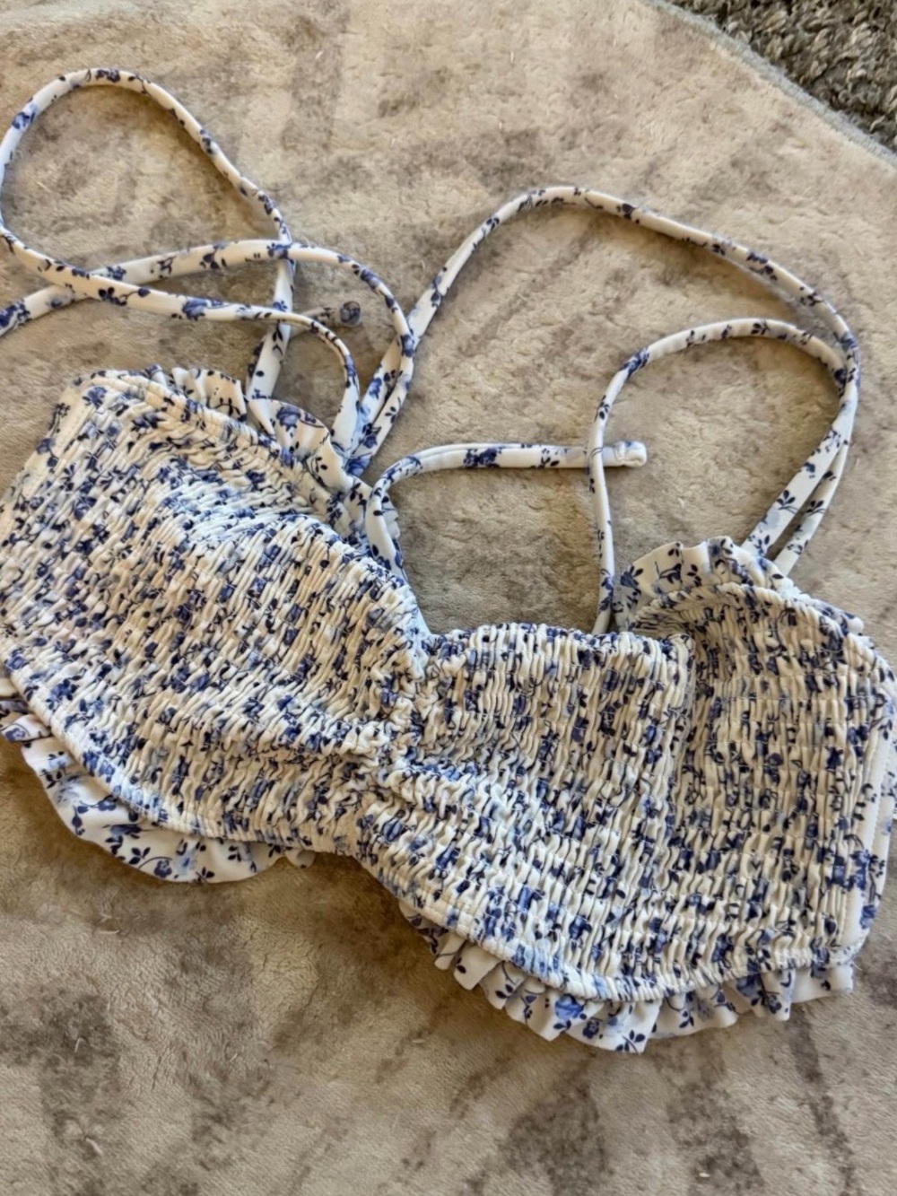 Hollister Blue White Floral Smocked Ruffle Bikini Swim Top Size XS